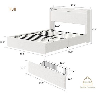 Boucle Bed Frame with Charging, RGB LED Lights & 4 Storage Drawers, Noise Free