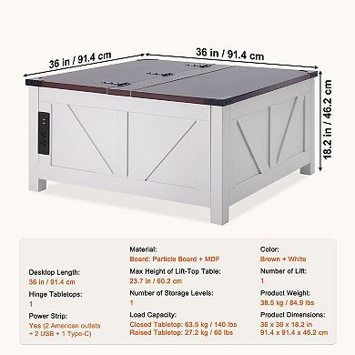Coffee Table with Lift-Top Work Surface, Charging Ports, and Flip-Top Storage