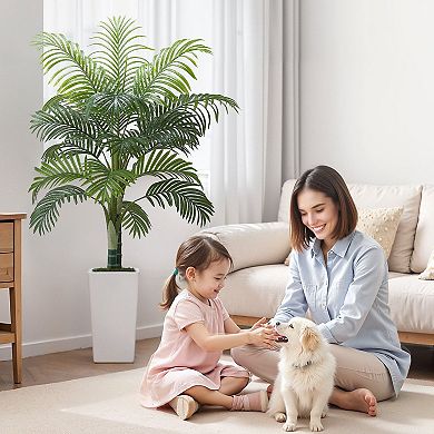 Artificial Thick-Trunk Areca Palm 5ft with Pot, 2 Stems & 18 Leaves for Indoor Display White & Green