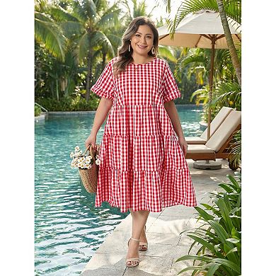 Women's Plus Size Gingham Dresses Vintage Plaid Round Neck Flared Short Sleeve Tiered Maxi Dress