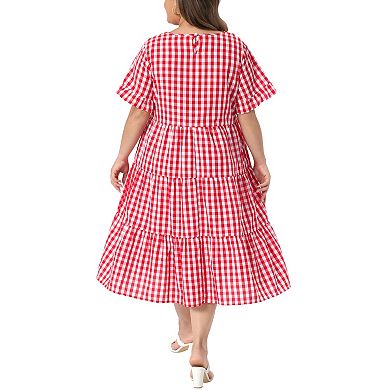 Women's Plus Size Gingham Dresses Vintage Plaid Round Neck Flared Short Sleeve Tiered Maxi Dress