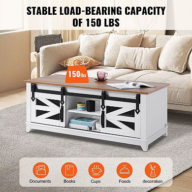 Farmhouse Coffee Table with Sliding Barn Doors and Storage Shelves