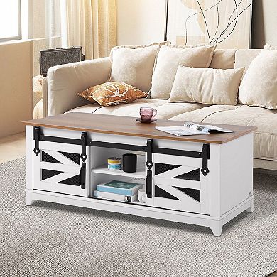 Farmhouse Coffee Table with Sliding Barn Doors and Storage Shelves