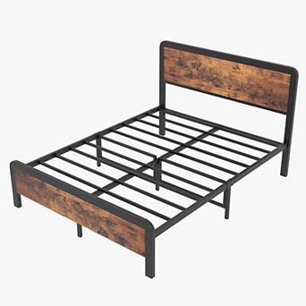Brown Bed Frame with Wood Headboard, Metal Platform & Storage, Noise Free & Easy Assembly