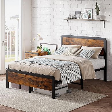 Brown Bed Frame with Wood Headboard, Metal Platform & Storage, Noise Free & Easy Assembly