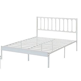 White Metal Platform Bed Frame with Wave Headboard & 2 Drawers, No Box Spring & Easy Assembly