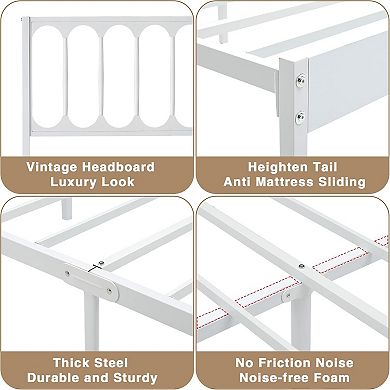 White Metal Platform Bed Frame with Wave Headboard & 2 Drawers, No Box Spring & Easy Assembly