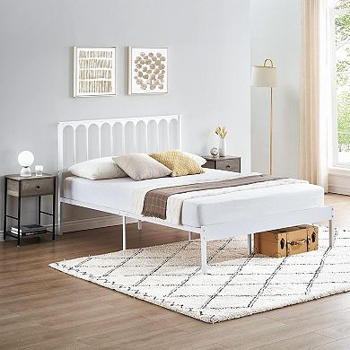 White Metal Platform Bed Frame with Wave Headboard & 2 Drawers, No Box Spring & Easy Assembly