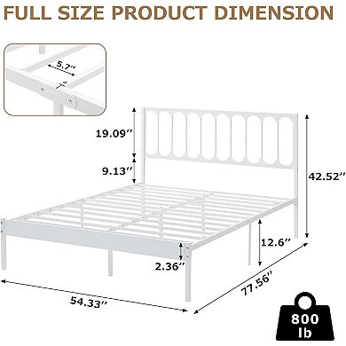 White Metal Platform Bed Frame with Wave Headboard & 2 Drawers, No Box Spring & Easy Assembly