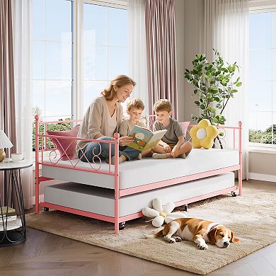 Metal Daybed with Heart Design and Trundle, Strong Steel Slats, Easy Assembly