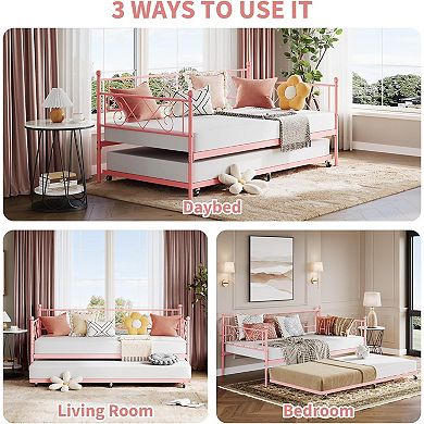 Metal Daybed with Heart Design and Trundle, Strong Steel Slats, Easy Assembly