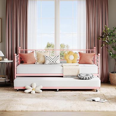 Metal Daybed with Heart Design and Trundle, Strong Steel Slats, Easy Assembly