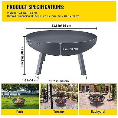 Outdoor 33.5-Inch Fire Pit Bowl Black Carbon Steel for Patio or Backyard