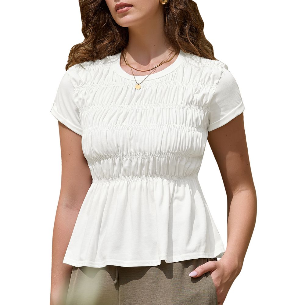 Women's Peplum Babydoll Tops Summer Smocked Ruched Crew Neck Cap Sleeve ...