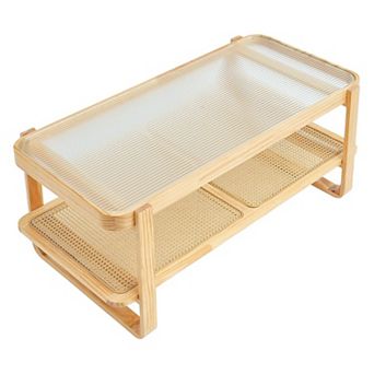 Rattan Accent Coffee Table with Glass Top and Lower Storage Shelf