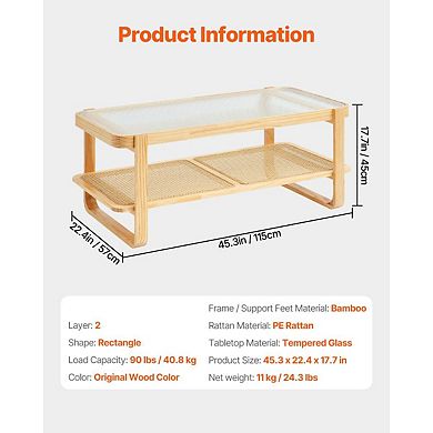 Rattan Accent Coffee Table with Glass Top and Lower Storage Shelf