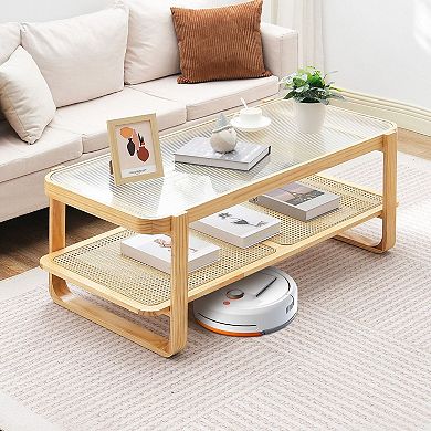 Rattan Accent Coffee Table with Glass Top and Lower Storage Shelf