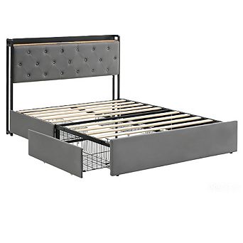 Velvet-padded platform bed frame with 4 storage drawers, easy assembly