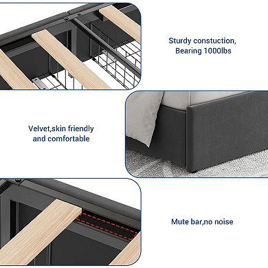Velvet-padded platform bed frame with 4 storage drawers, easy assembly