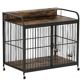 Dog Crate Furniture with Adjustable Feeder & 360° Wheels, Heavy Duty End Table for Medium Dogs
