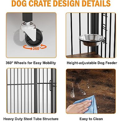Dog Crate Furniture with Adjustable Feeder & 360° Wheels, Heavy Duty End Table for Medium Dogs