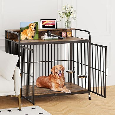 Dog Crate Furniture with Adjustable Feeder & 360° Wheels, Heavy Duty End Table for Medium Dogs