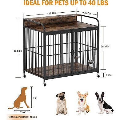 Dog Crate Furniture with Adjustable Feeder & 360° Wheels, Heavy Duty End Table for Medium Dogs