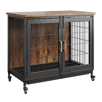 Wooden Dog Crate with Wheels, Furniture Kennel for Dogs Up to 66 Lbs, Removable Tray