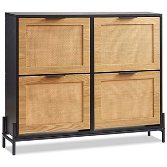 Rattan Shoe Cabinet with 4 Flip Drawers, Slim Entryway Shoe Storage Organizer with Metal Legs