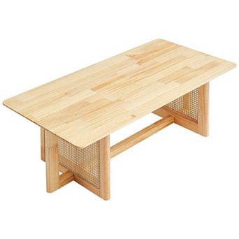 Rattan Coffee Table with Wood Top and Handwoven Base Boho Style