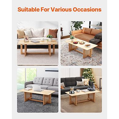 Rattan Coffee Table with Wood Top and Handwoven Base Boho Style