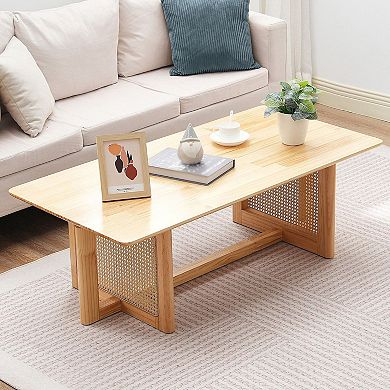 Rattan Coffee Table with Wood Top and Handwoven Base Boho Style