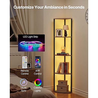 Five-Tier LED Corner Bookshelf with RGB App Control for Living Room or Bedroom Black and Brown