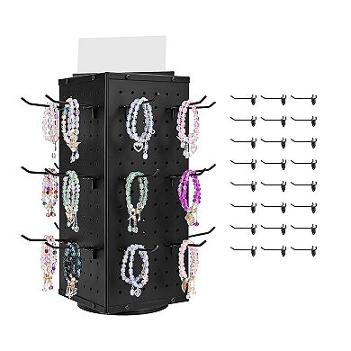 Rotating Pegboard Display Stand with 24 Hooks for Countertop Organization Black