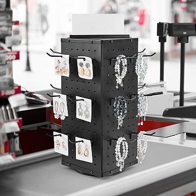 Rotating Pegboard Display Stand with 24 Hooks for Countertop Organization Black