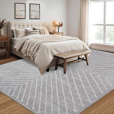 Geometric Striped Washable Rug Non-Shedding Contemporary Carpet Ultra-Soft Low Pile Floor Cover