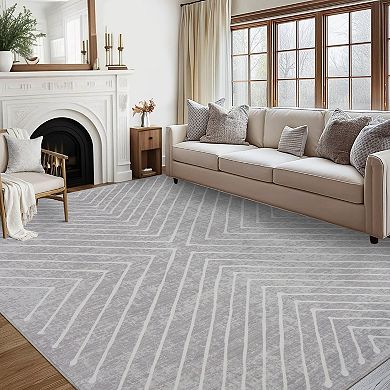 Geometric Striped Washable Rug Non-Shedding Contemporary Carpet Ultra-Soft Low Pile Floor Cover
