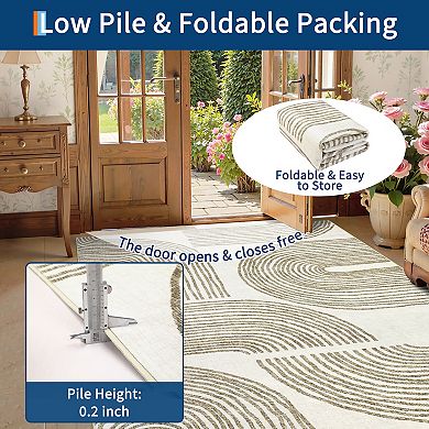 Abstract Stripe Washable Rug with Rubber Backing Soft Non Shedding Low Pile Thin Foldable Carpet