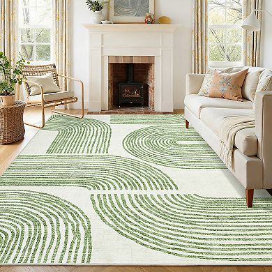 Abstract Stripe Washable Rug with Rubber Backing Soft Non Shedding Low Pile Thin Foldable Carpet