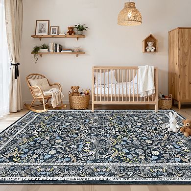 Floral Washable Rug with Rubber Backing Soft Non Shedding Low Pile Thin Foldable Carpet