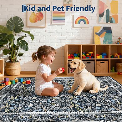 Floral Washable Rug with Rubber Backing Soft Non Shedding Low Pile Thin Foldable Carpet