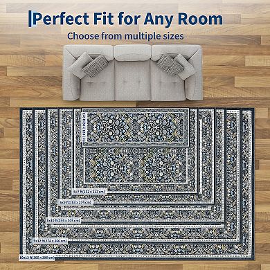 Floral Washable Rug with Rubber Backing Soft Non Shedding Low Pile Thin Foldable Carpet