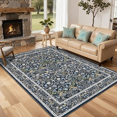 Floral Washable Rug with Rubber Backing Soft Non Shedding Low Pile Thin Foldable Carpet