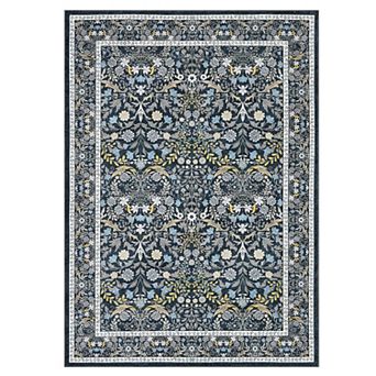 Floral Washable Rug with Rubber Backing Soft Non Shedding Low Pile Thin Foldable Carpet