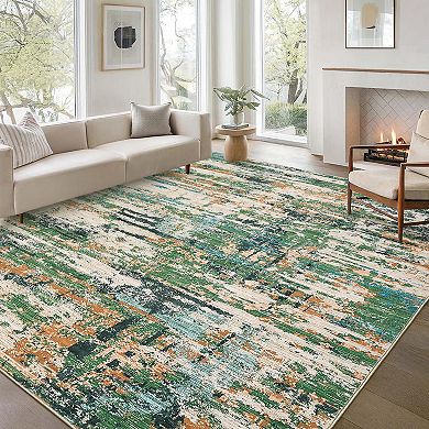 Abstract Washable Rug with Rubber Backing Soft Non Shedding Low Pile Thin Foldable Carpet