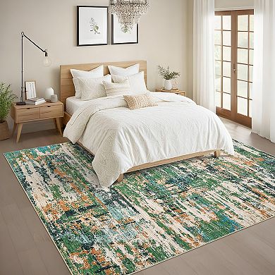 Abstract Washable Rug with Rubber Backing Soft Non Shedding Low Pile Thin Foldable Carpet