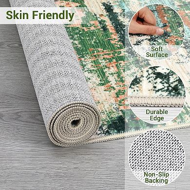 Abstract Washable Rug with Rubber Backing Soft Non Shedding Low Pile Thin Foldable Carpet
