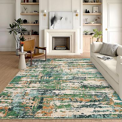 Abstract Washable Rug with Rubber Backing Soft Non Shedding Low Pile Thin Foldable Carpet