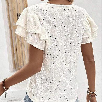 Women Summer Eyelet Tops Solid Color Double-layered Ruffle Sleeve Top Simple V-neck Hollowed-out Top
