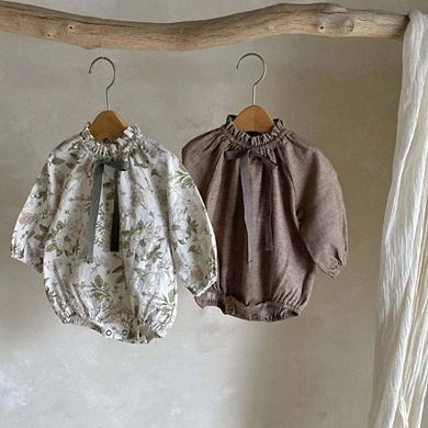 Arrival Baby Girls Vintage Floral/Plain Bow-Tie Lantern Sleeves bodysuit